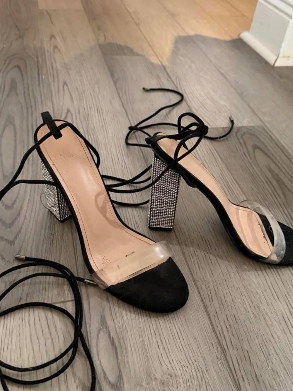 Women's Black Lace-Up Block Heel Sandals with Rhinestone Heel